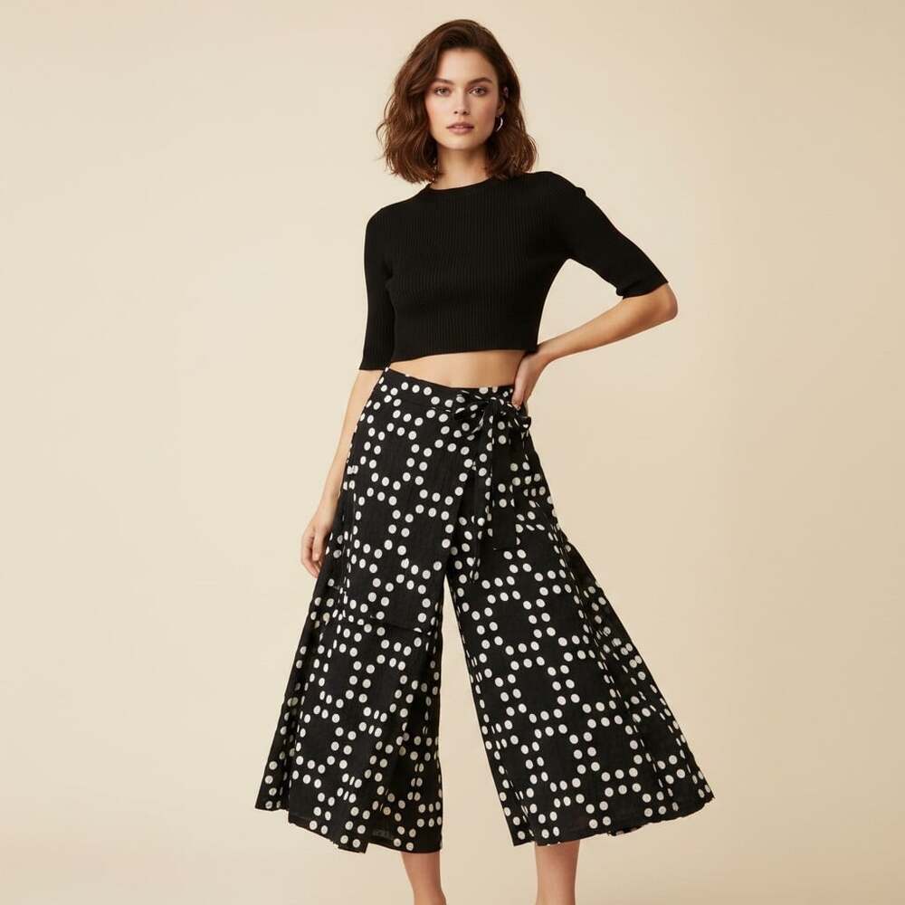 Eva Franco Black White Polka Dot Wide Leg Culottes Tie Waist Size 0